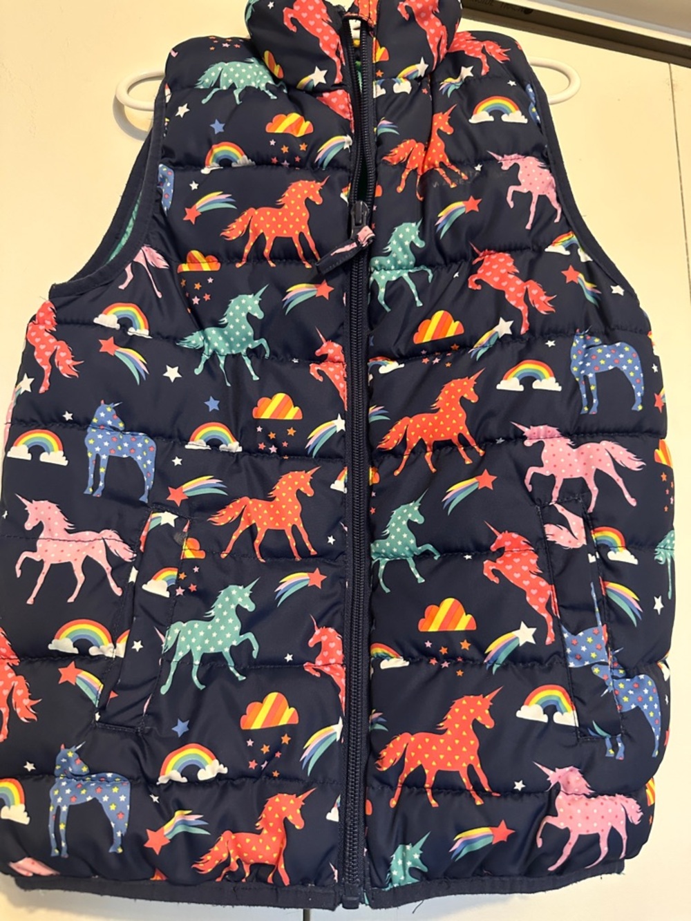 Warehouse Navy Puffer Vest with Multicolor Unicorns and Rainbows